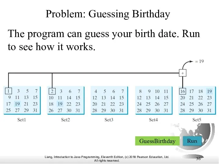 Problem: Guessing Birthday The program can guess your birth date. Run