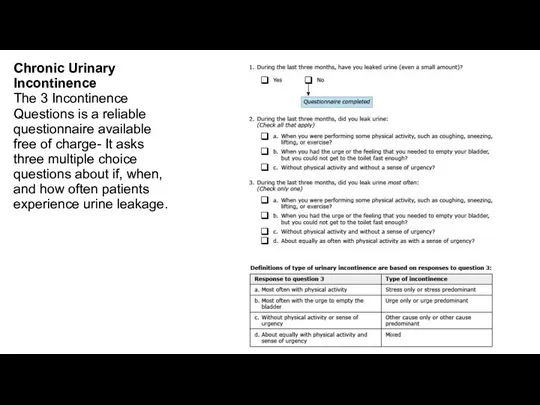 Chronic Urinary Incontinence The 3 Incontinence Questions is a reliable questionnaire