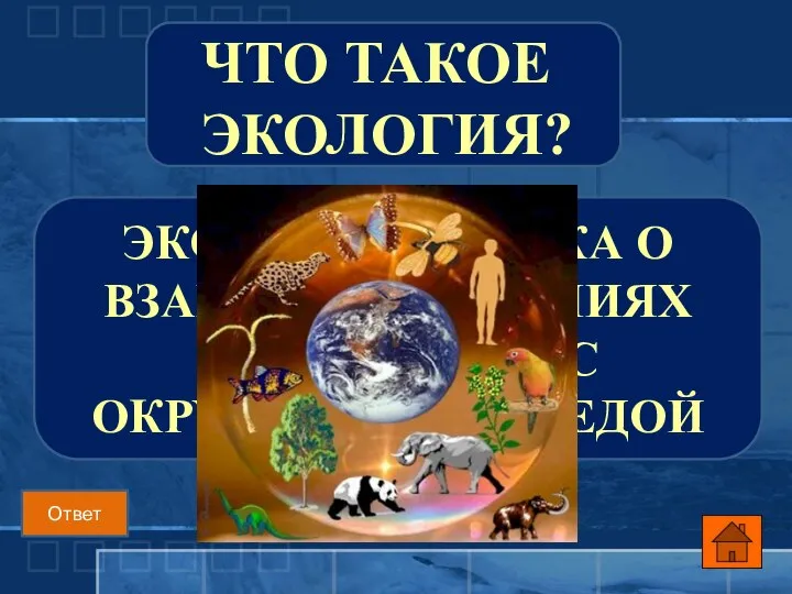 ЭКОЛОГИЯ – НАУКА О ВЗАИМООТНОШЕНИЯХ ОРГАНИЗМОВ С ОКРУЖАЮЩЕЙ СРЕДОЙ ЧТО ТАКОЕ ЭКОЛОГИЯ? Ответ