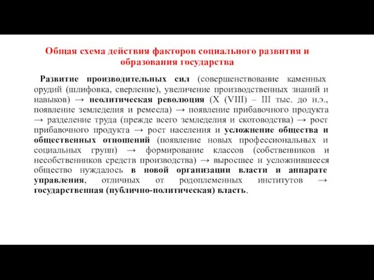 Общая схема действия факторов социального развития и образования государства Развитие производительных