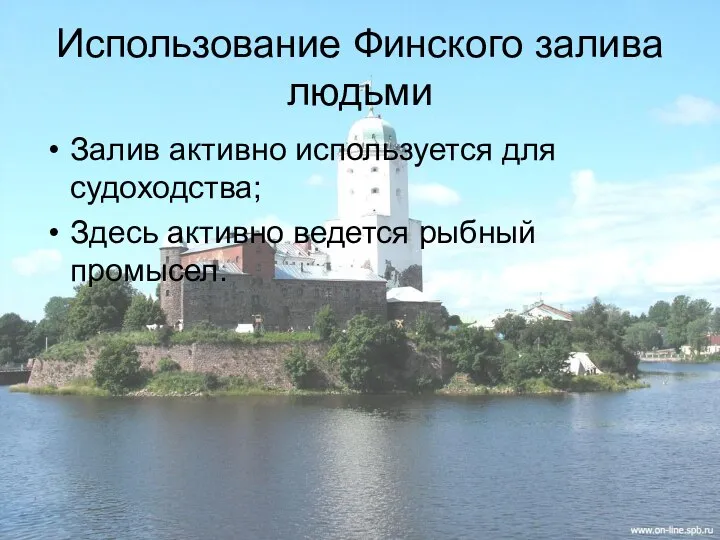 Использование Финского залива людьми Залив активно используется для судоходства; Здесь активно ведется рыбный промысел.