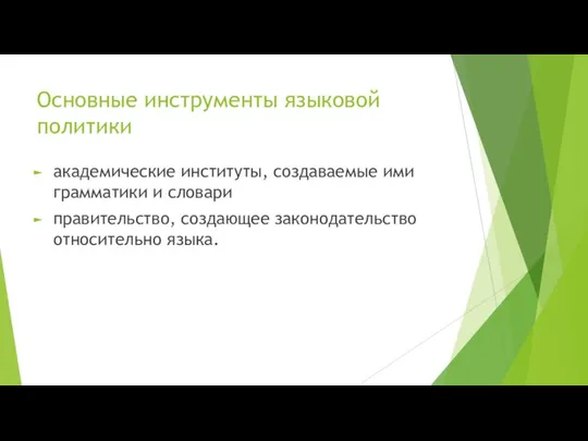 Основные инструменты языковой политики академические институты, создаваемые ими грамматики и словари правительство, создающее законодательство относительно языка.