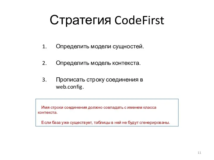 Стратегия CodeFirst Определить модели сущностей. Определить модель контекста. Прописать строку соединения