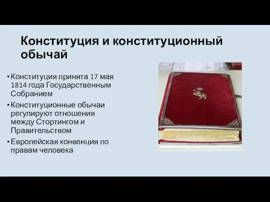 Конституция и конституционный обычай Конституция принята 17 мая 1814 года Государственным