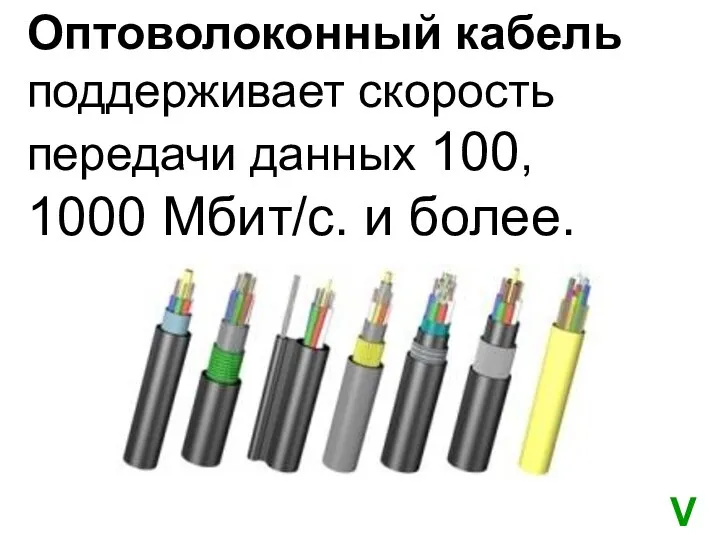 Оптоволоконный кабель поддерживает скорость передачи данных 100, 1000 Мбит/с. и более. V