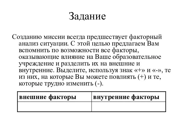 Задание Созданию миссии всегда предшествует факторный анализ ситуации. С этой целью