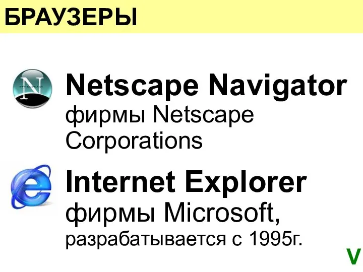 БРАУЗЕРЫ Netscape Navigator фирмы Netscape Corporations Internet Explorer фирмы Microsoft, разрабатывается с 1995г. V