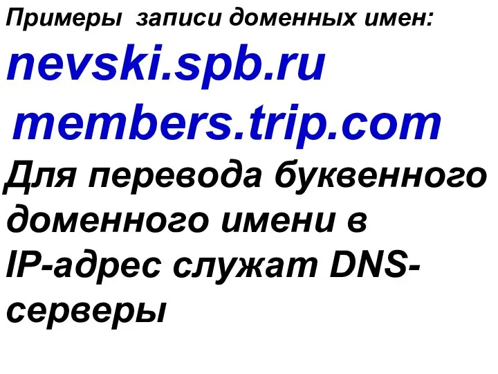 Примеры записи доменных имен: nevski.spb.ru members.trip.com Для перевода буквенного доменного имени в IP-адрес служат DNS-серверы