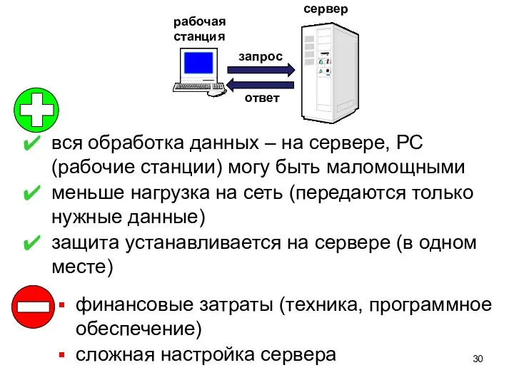 вся обработка данных – на сервере, РС (рабочие станции) могу быть