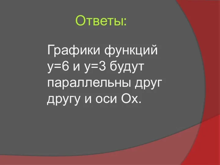 Ответы: Графики функций y=6 и y=3 будут параллельны друг другу и оси Оx.