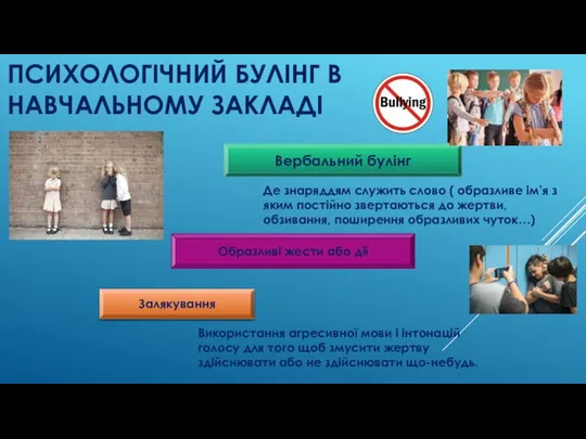 ПСИХОЛОГІЧНИЙ БУЛІНГ В НАВЧАЛЬНОМУ ЗАКЛАДІ Вербальний булінг Де знаряддям служить слово