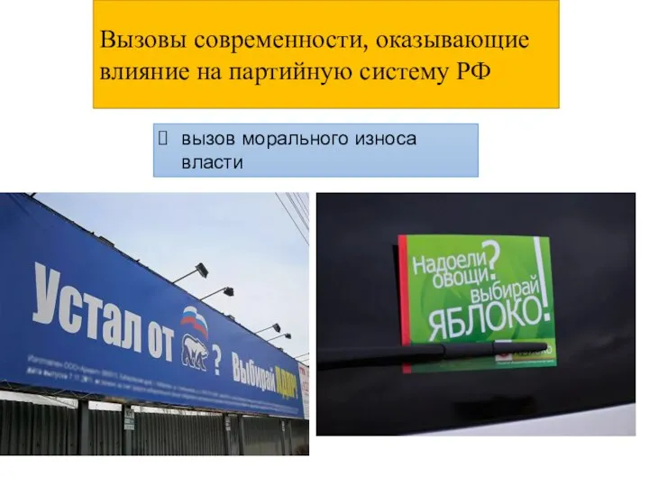 Вызовы современности, оказывающие влияние на партийную систему РФ вызов­ морального­ износа­ власти