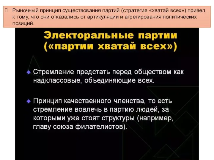 Рыночный принцип существования партий (стратегия «хватай всех») привел к тому, что