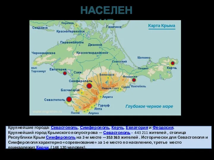 Крупнейшие города: Севастополь, Симферополь, Керчь, Евпатория и Феодосия. Крупнейший город Крымского