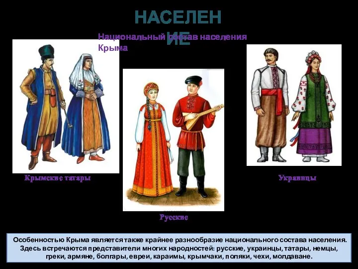 НАСЕЛЕНИЕ Особенностью Крыма является также крайнее разнообразие национального состава населения. Здесь