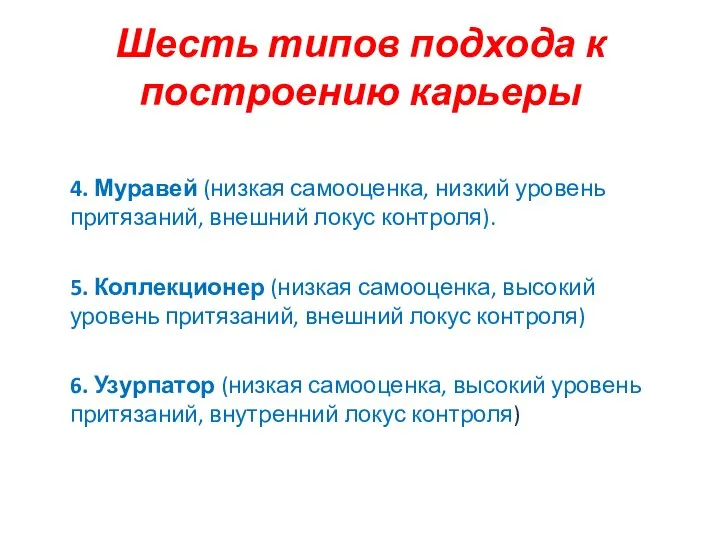 Шесть типов подхода к построению карьеры 4. Муравей (низкая самооценка, низкий