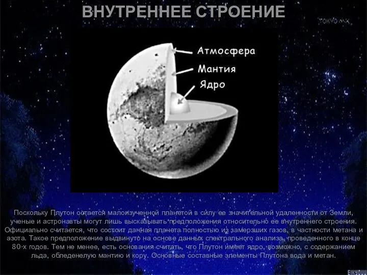 ВНУТРЕННЕЕ СТРОЕНИЕ Поскольку Плутон остается малоизученной планетой в силу ее значительной