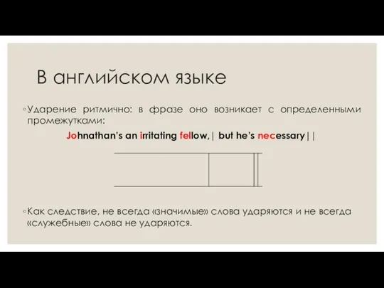 В английском языке Ударение ритмично: в фразе оно возникает с определенными