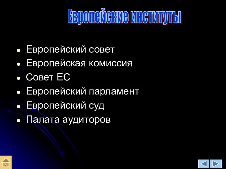 Европейские институты Европейский совет Европейская комиссия Совет ЕС Европейский парламент Европейский суд Палата аудиторов