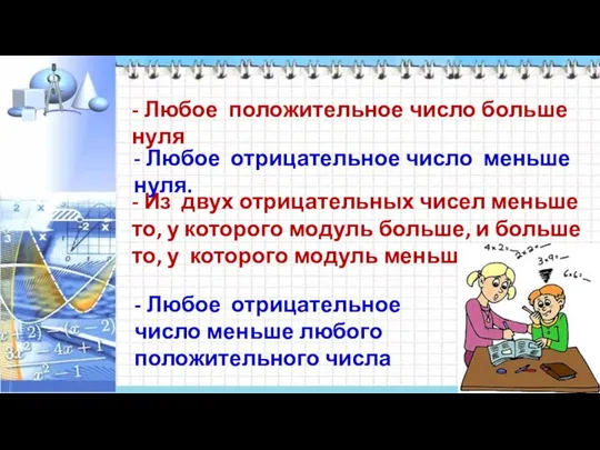 - Любое отрицательное число меньше любого положительного числа - Из двух