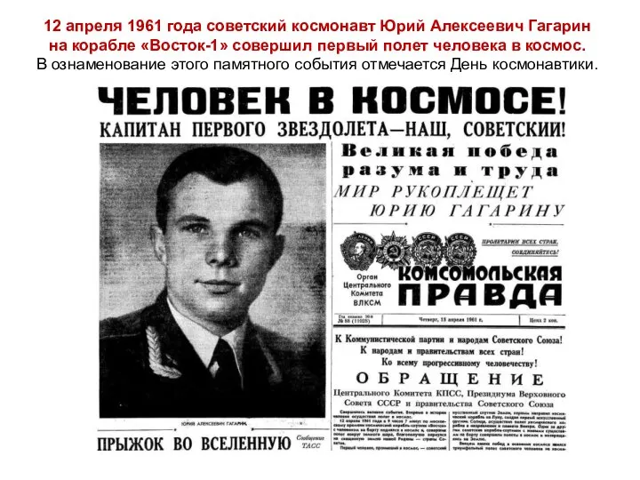 12 апреля 1961 года советский космонавт Юрий Алексеевич Гагарин на корабле