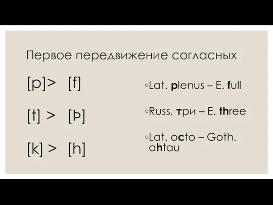 Первое передвижение согласных [p]> [f] [t] > [Þ] [k] > [h]