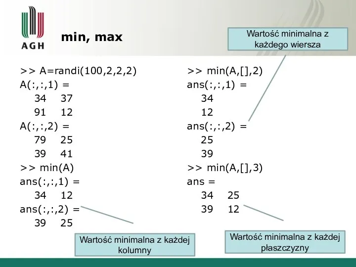 min, max >> A=randi(100,2,2,2) A(:,:,1) = 34 37 91 12 A(:,:,2)