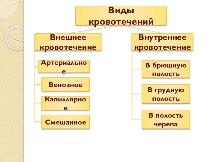 Виды кровотечений Внешнее кровотечение Внутреннее кровотечение Артериальное Венозное Капиллярное Смешанное В