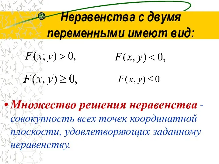 Неравенства с двумя переменными имеют вид: Множество решения неравенства - совокупность