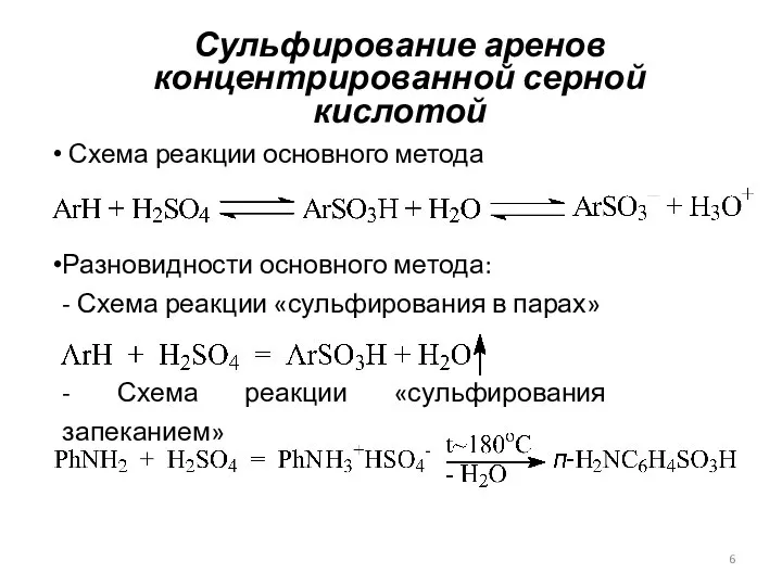 Сульфирование аренов концентрированной серной кислотой Схема реакции основного метода Разновидности основного