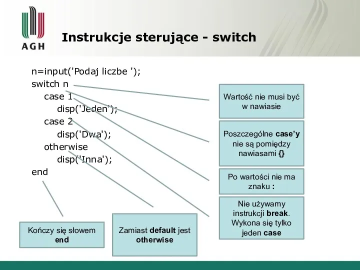 Instrukcje sterujące - switch n=input('Podaj liczbe '); switch n case 1