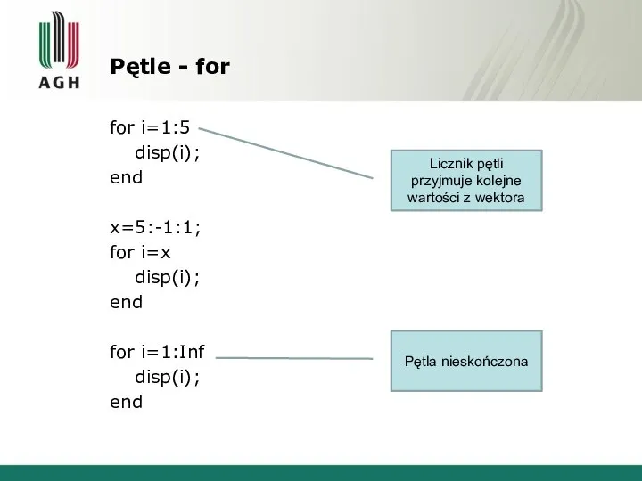 Pętle - for for i=1:5 disp(i); end x=5:-1:1; for i=x disp(i);