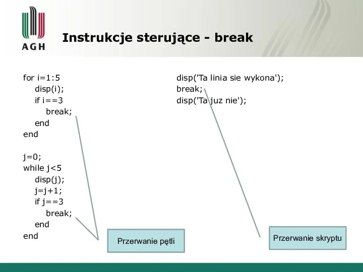 Instrukcje sterujące - break for i=1:5 disp(i); if i==3 break; end