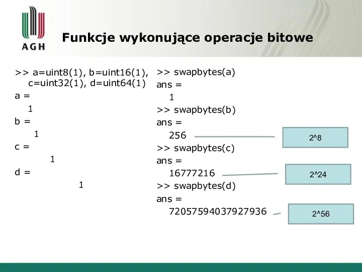 Funkcje wykonujące operacje bitowe >> a=uint8(1), b=uint16(1), c=uint32(1), d=uint64(1) a =