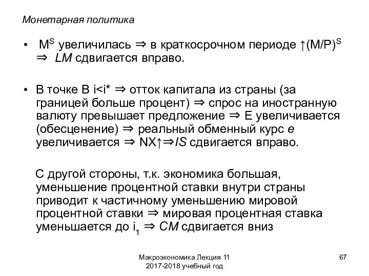 Макроэкономика Лекция 11 2017-2018 учебный год Монетарная политика MS увеличилась ⇒