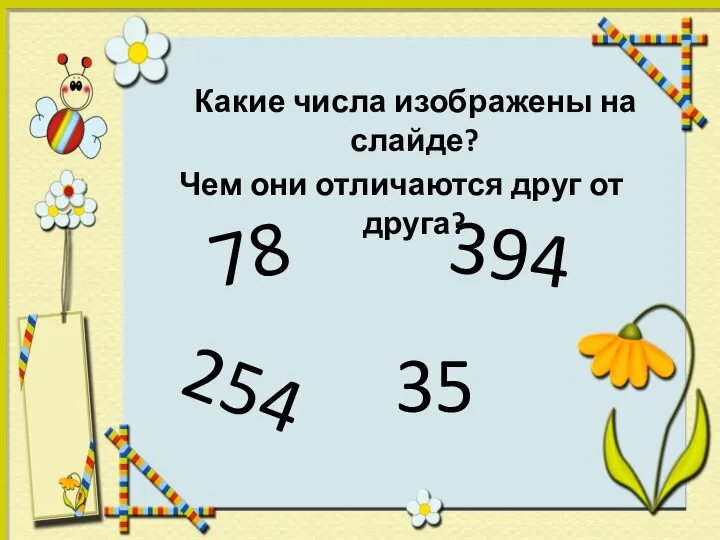 Какие числа изображены на слайде? Чем они отличаются друг от друга? 35 254 394 78