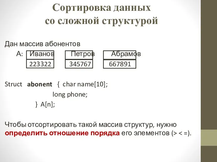 Сортировка данных со сложной структурой Дан массив абонентов А: Иванов Петров