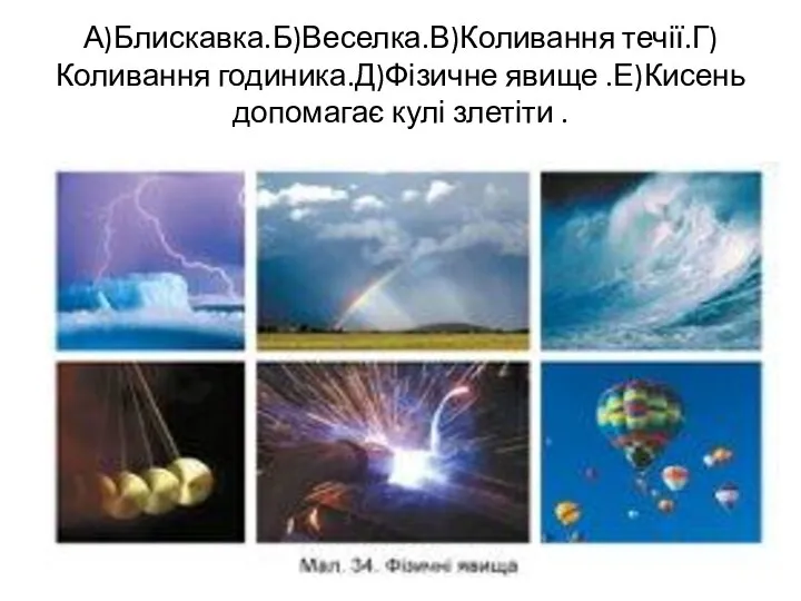 А)Блискавка.Б)Веселка.В)Коливання течії.Г)Коливання годиника.Д)Фізичне явище .Е)Кисень допомагає кулі злетіти .