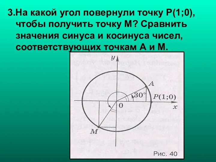 3.На какой угол повернули точку Р(1;0),чтобы получить точку М? Сравнить значения