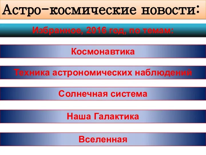 Астро-космические новости: Космонавтика Солнечная система Наша Галактика Вселенная Избранное, 2016 год, по темам: Техника астрономических наблюдений