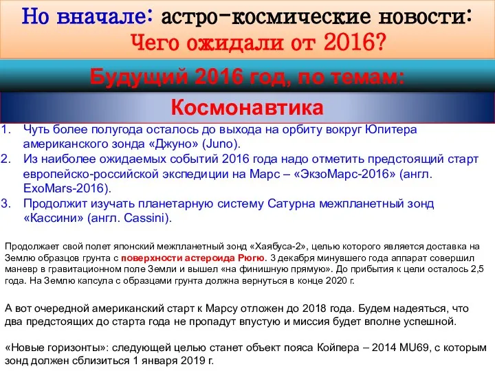 Но вначале: астро-космические новости: Чего ожидали от 2016? Космонавтика Будущий 2016