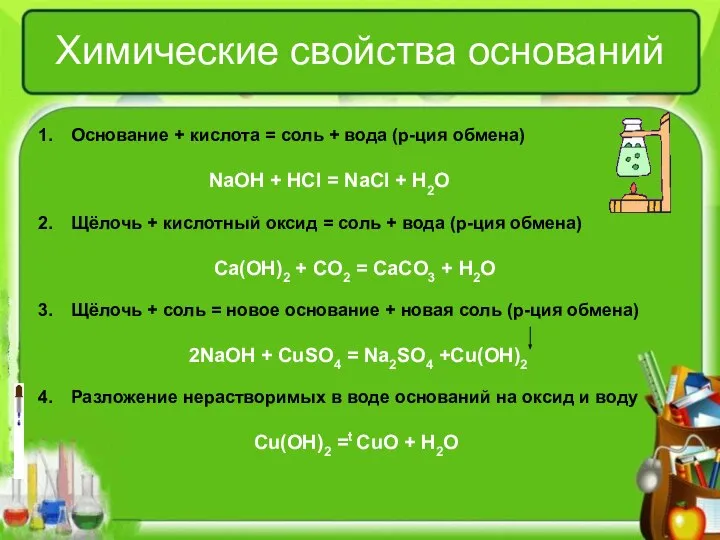 Химические свойства оснований Основание + кислота = соль + вода (р-ция