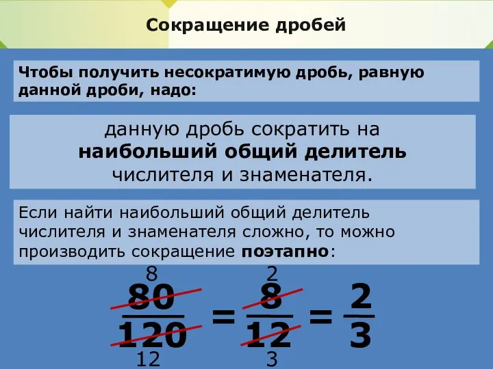 Сокращение дробей Чтобы получить несократимую дробь, равную данной дроби, надо: Если