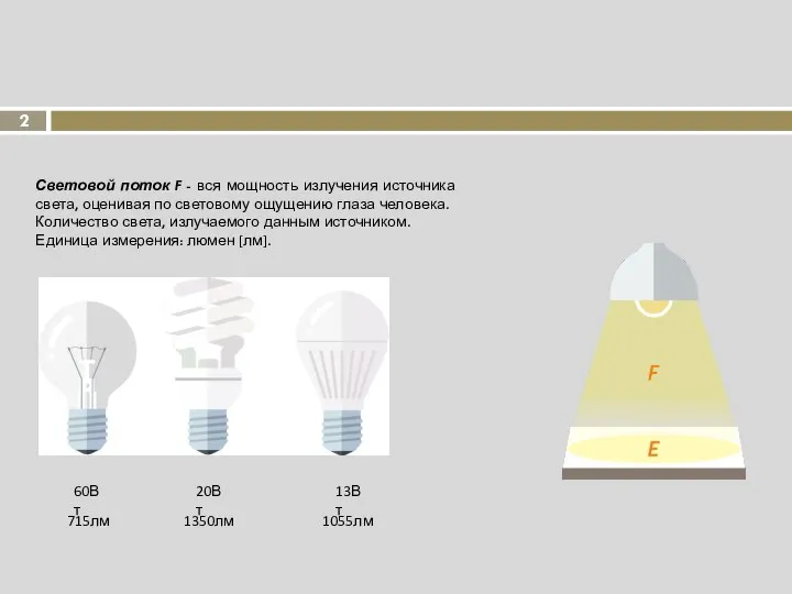 Световой поток F - вся мощность излучения источника света, оценивая по