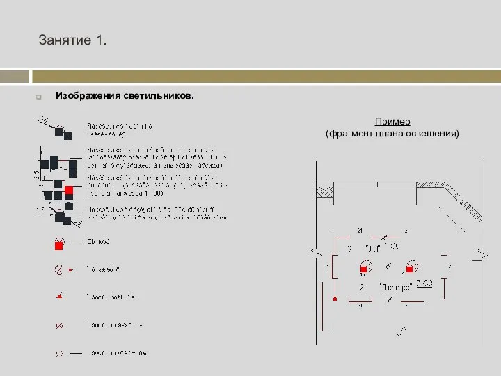 Занятие 1. Изображения светильников. Пример (фрагмент плана освещения)