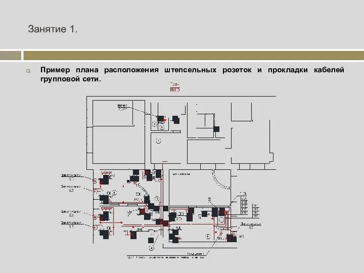 Занятие 1. Пример плана расположения штепсельных розеток и прокладки кабелей групповой сети.