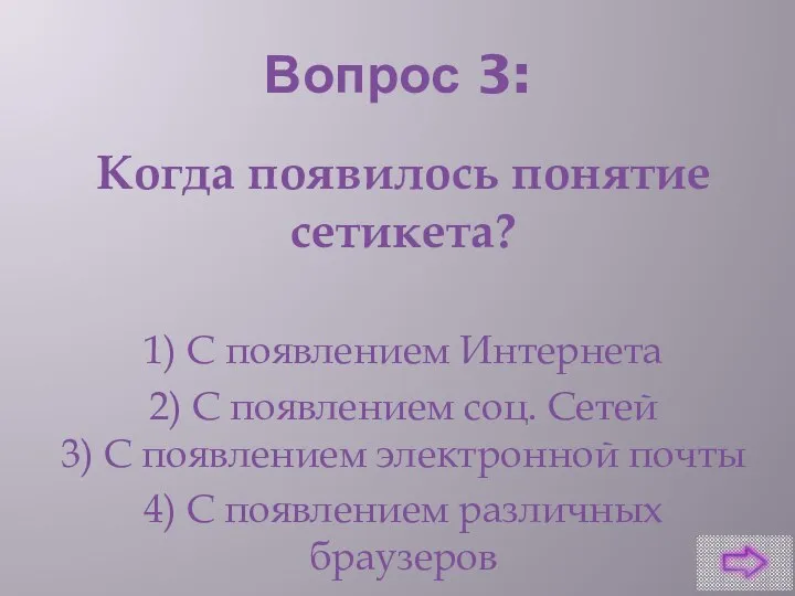 Вопрос 3: Когда появилось понятие сетикета? 1) С появлением Интернета 2)