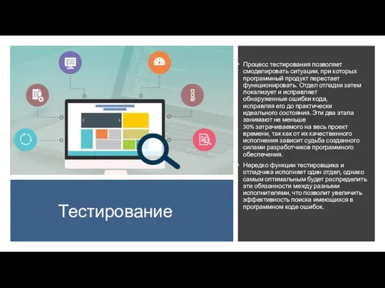 Тестирование Процесс тестирования позволяет смоделировать ситуации, при которых программный продукт перестает