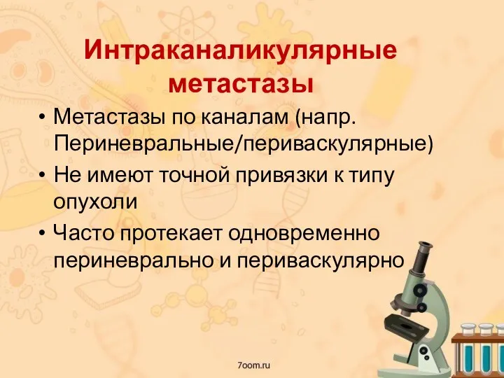 Интраканаликулярные метастазы Метастазы по каналам (напр. Периневральные/периваскулярные) Не имеют точной привязки