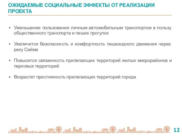 ОЖИДАЕМЫЕ СОЦИАЛЬНЫЕ ЭФФЕКТЫ ОТ РЕАЛИЗАЦИИ ПРОЕКТА 12 Уменьшение пользования личным автомобильным